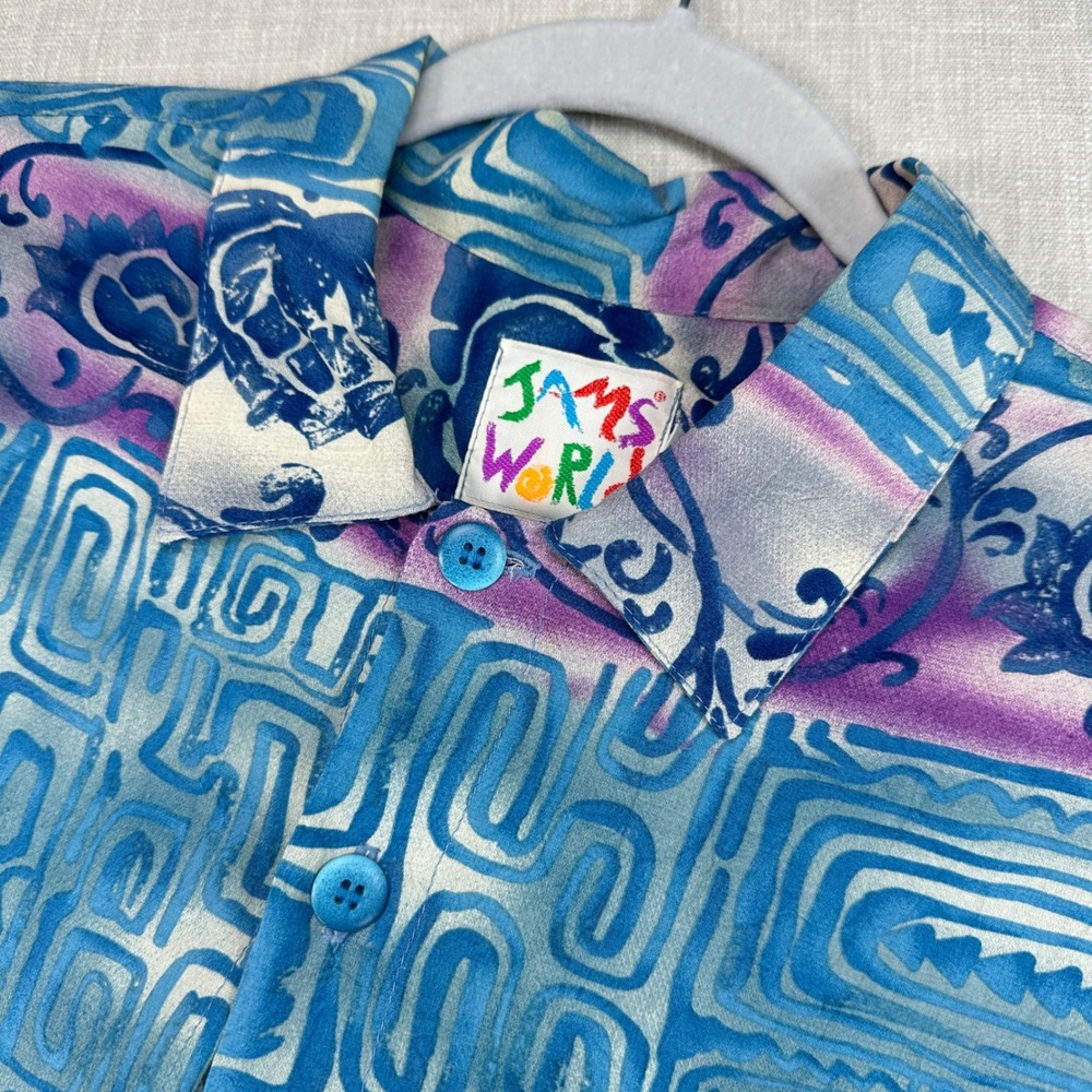Jams World Button Down Shirt Mens Medium Blue Purple Abstract Floral Rayon USA